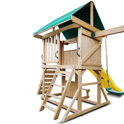 backyard playground featuring swings and a yellow slide for endless outdoor fun and adventure.