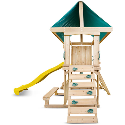 backyard play center featuring swings and a yellow slide for outdoor fun and exercise.