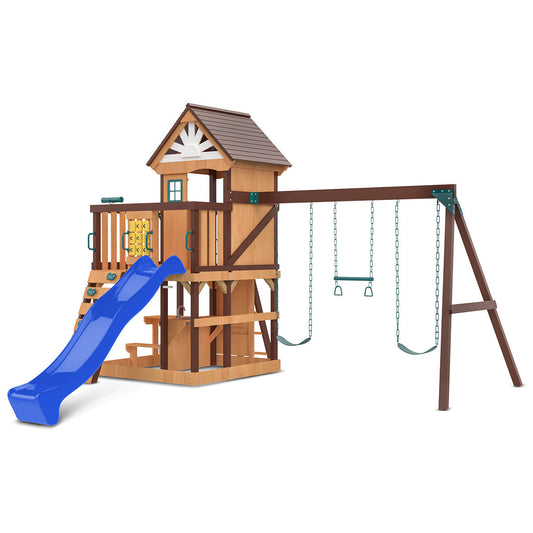 Outdoor play center featuring blue slide, swings, and climbing wall for active childrens entertainment and physical