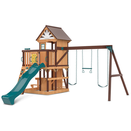 Outdoor play center featuring green slide, swings, and climbing wall for active backyard adventures.