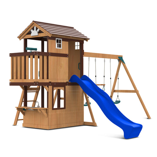 Darlington backyard play center featuring a blue slide and swing set for endless outdoor fun and adventure.