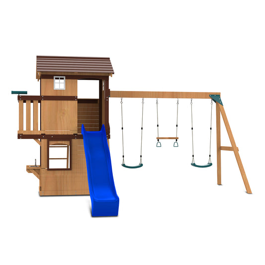 Darlington backyard playground featuring a vibrant blue slide and swing set for endless outdoor entertainment.