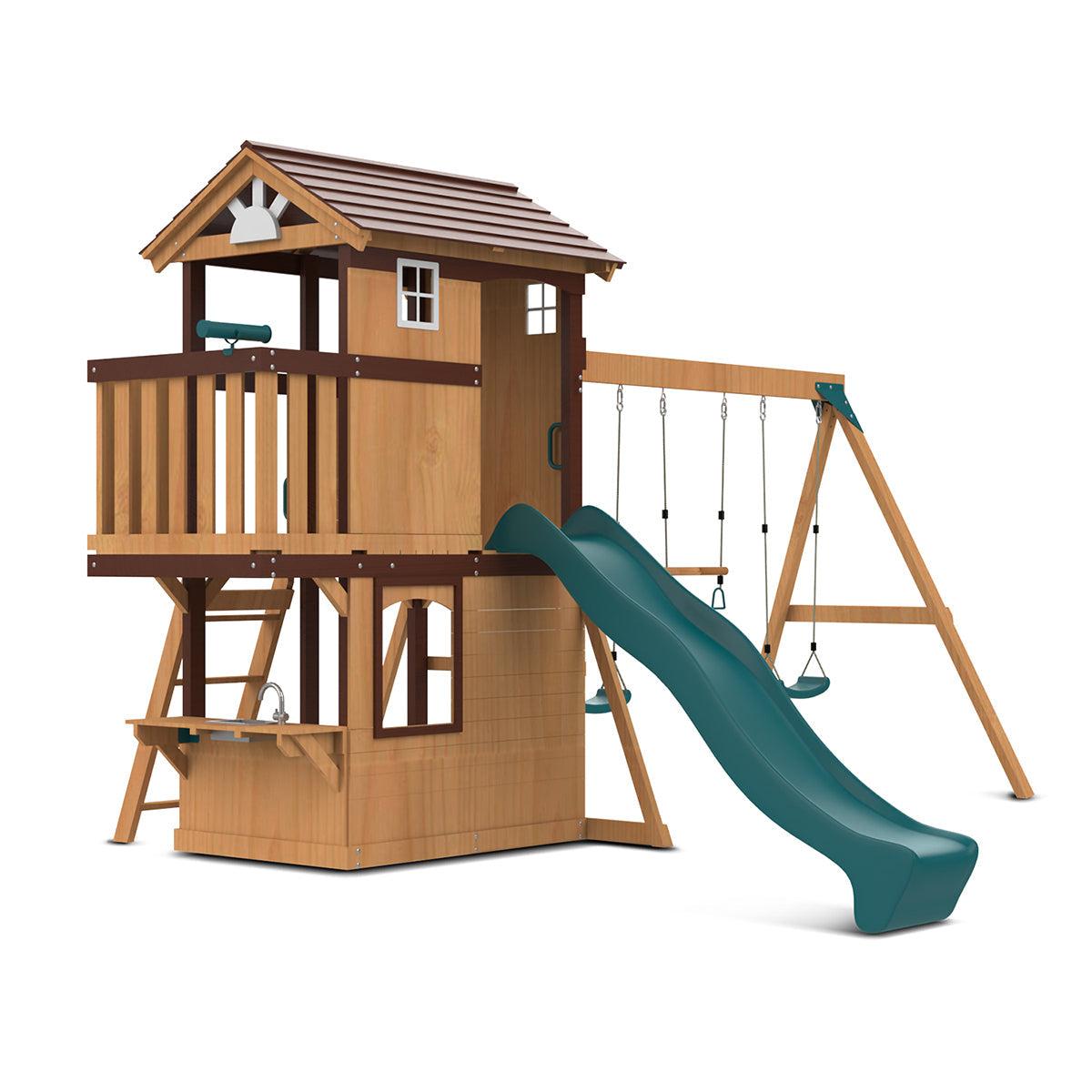 Wooden Darlington Play Centre featuring a green 2.2m slide and swings for outdoor family fun and adventure.