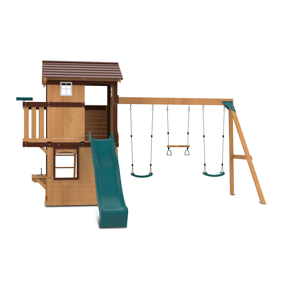 Wooden Darlington playground set features a 2.2m green slide and swings for outdoor fun and adventure.