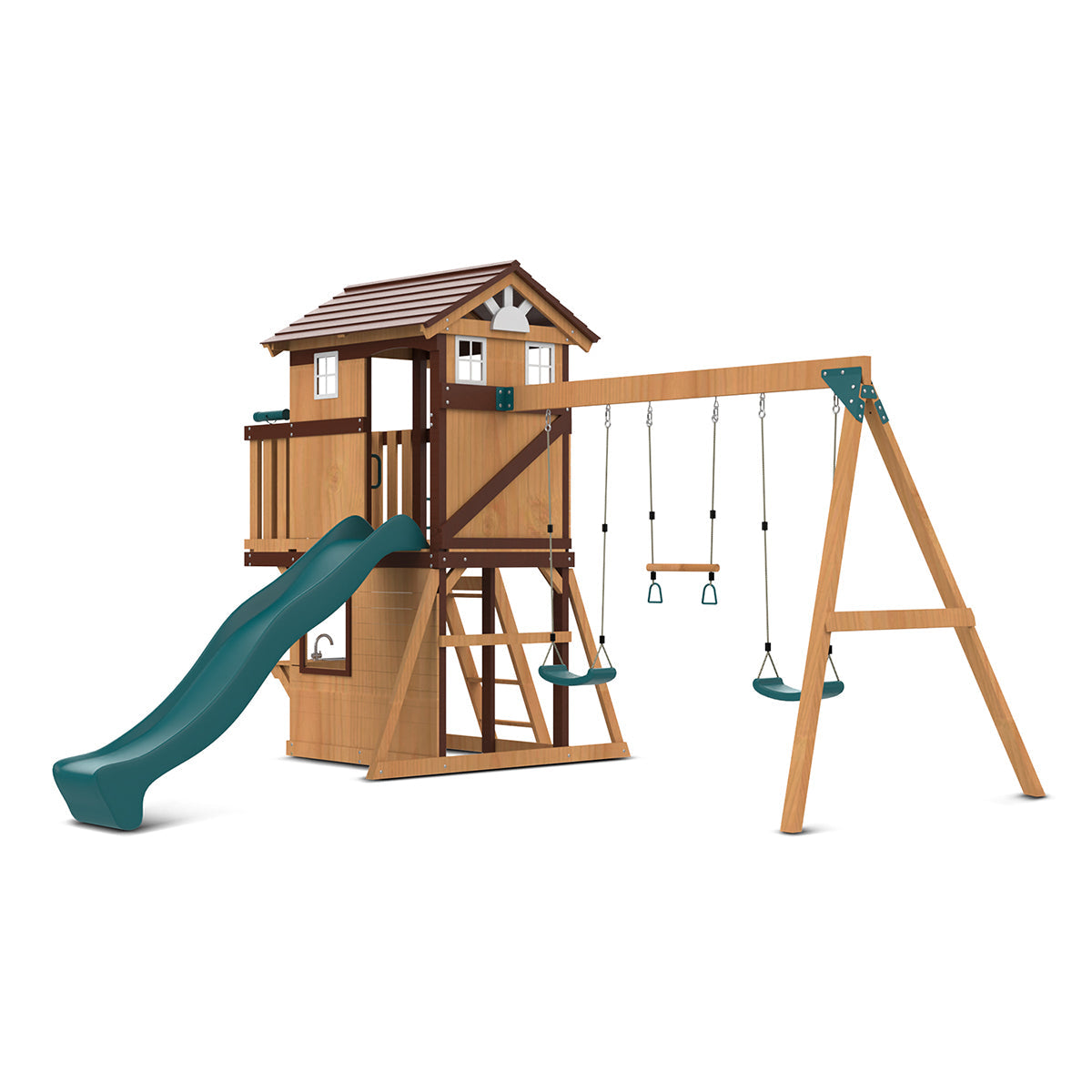 Wooden Darlington playground set features a 2.2m green slide and swings for outdoor family fun.