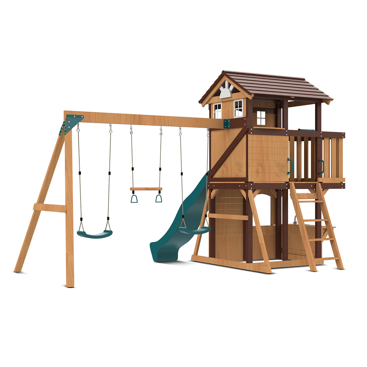 Wooden Darlington Play Centre featuring a 2.2m green slide and swings for outdoor family fun.