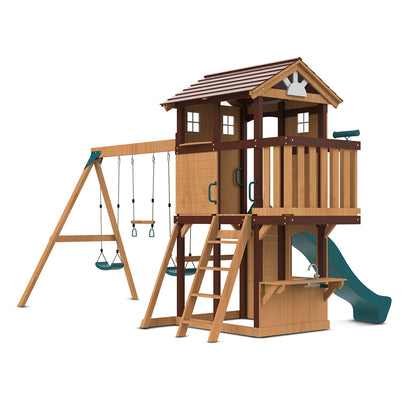 Lifespan Kids Wooden Darlington Play Centre featuring a green slide and swings for outdoor family fun.