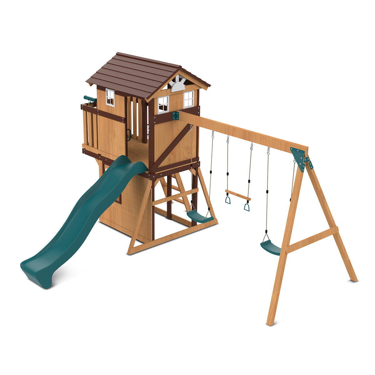 Wooden Darlington Play Centre featuring a 2.2m green slide and swings for outdoor family fun and adventure.