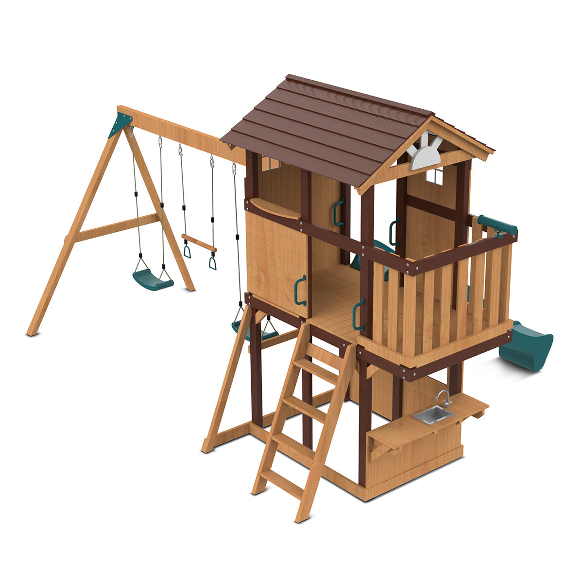 Wooden Darlington Play Centre featuring a green 2.2m slide and swings for outdoor fun and adventure.