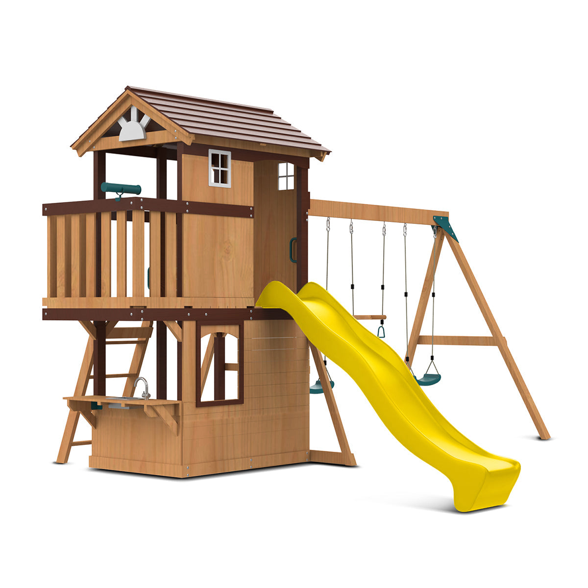 Darlington playground set featuring a tall yellow slide and swing set for outdoor family fun.