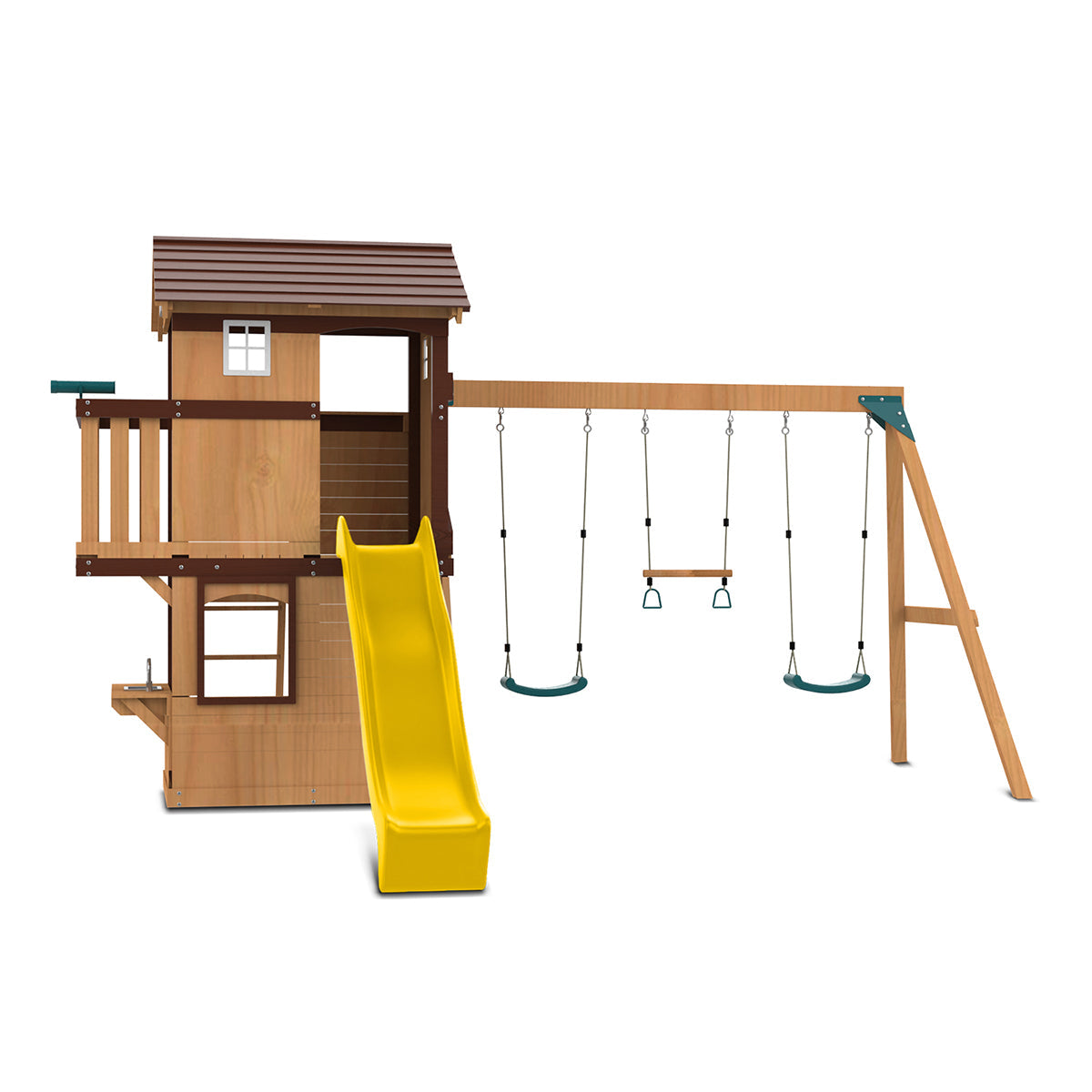 Colorful Darlington playground set featuring a tall yellow slide and swings for outdoor family fun and exercise.