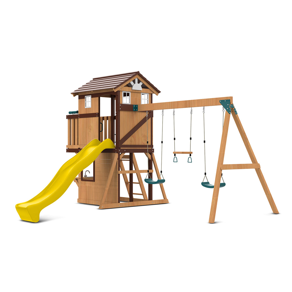 Yellow slide and swing set for outdoor play, featuring a 2.2-meter slide for backyard adventures.