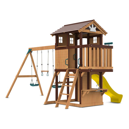 Colorful Darlington playground set featuring a long yellow slide and swing set for outdoor family fun.