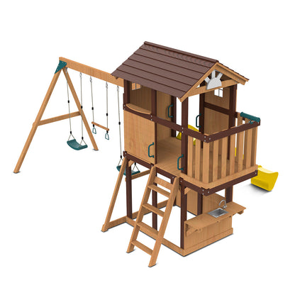 Colorful outdoor playset featuring a 2.2m yellow slide and swing set for backyard fun and exercise.