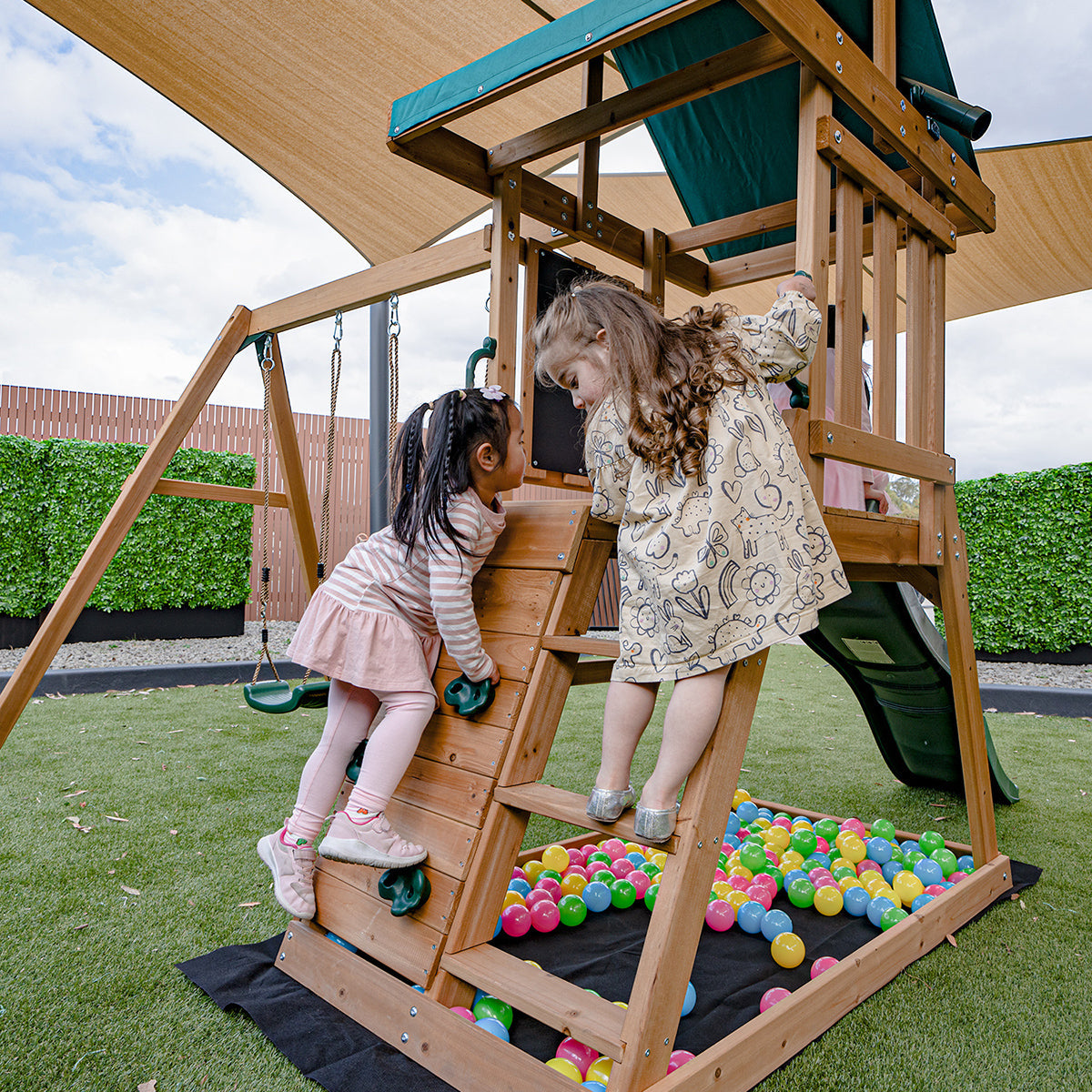 Rock-climbing ladder leading to the elevated playhouse in the Greenvale Play Centre