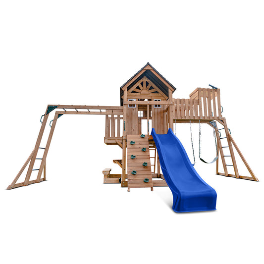 Kensington Adventure Playground features a vibrant blue slide and play center for outdoor fun and exploration.