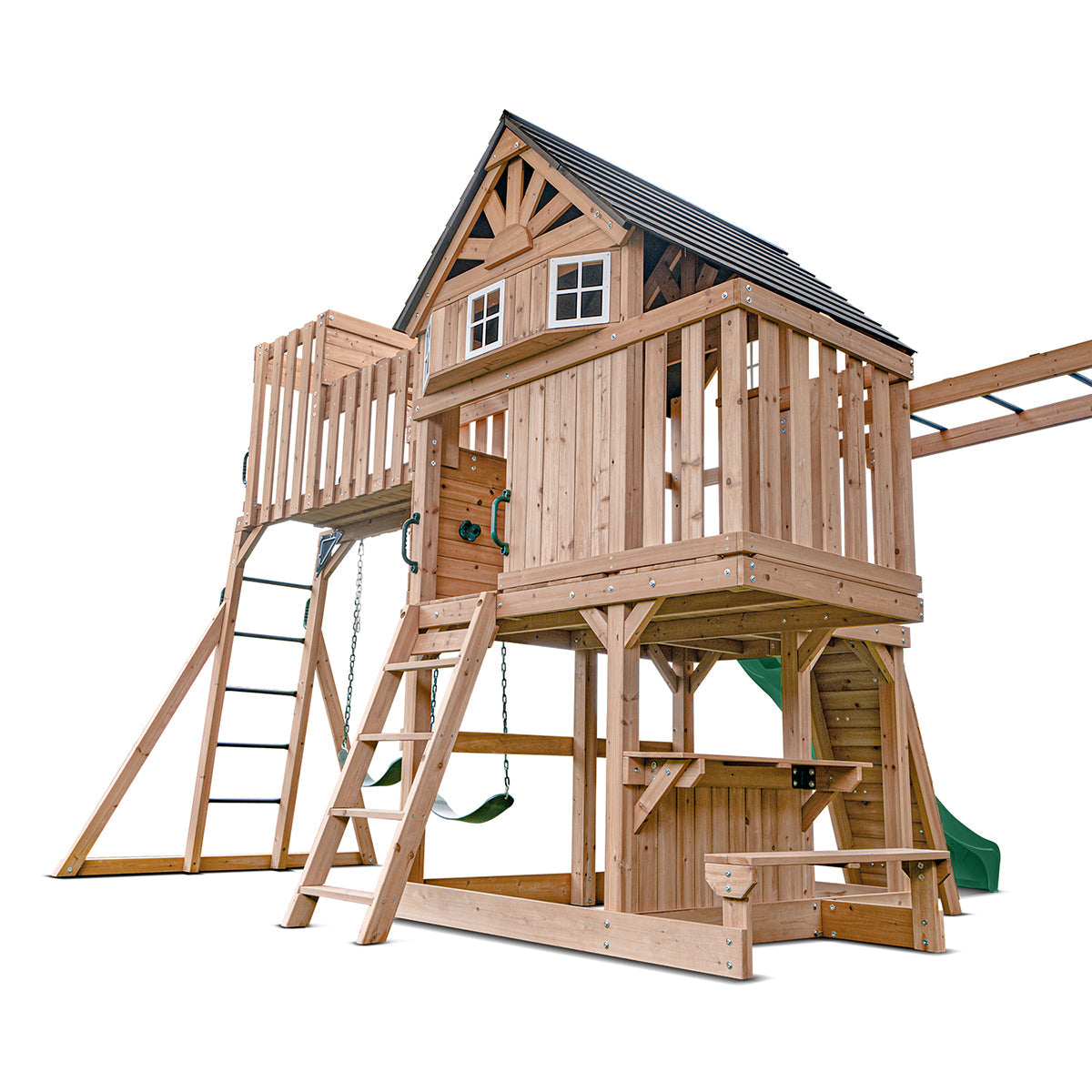 Kensington outdoor playset features a towering green slide and multiple play activities for backyard adventures.