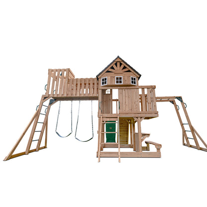 Kensington outdoor playset features a towering green slide and multiple play stations for exciting backyard adventures.