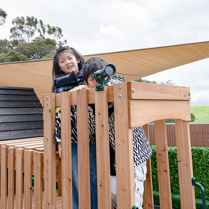 Kensington Adventure Playset features a towering 2.2m green slide for thrilling backyard play and exploration.