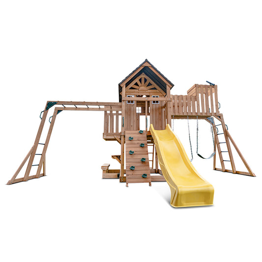 Kensington outdoor play set featuring a tall yellow slide and monkey bars for active backyard fun.