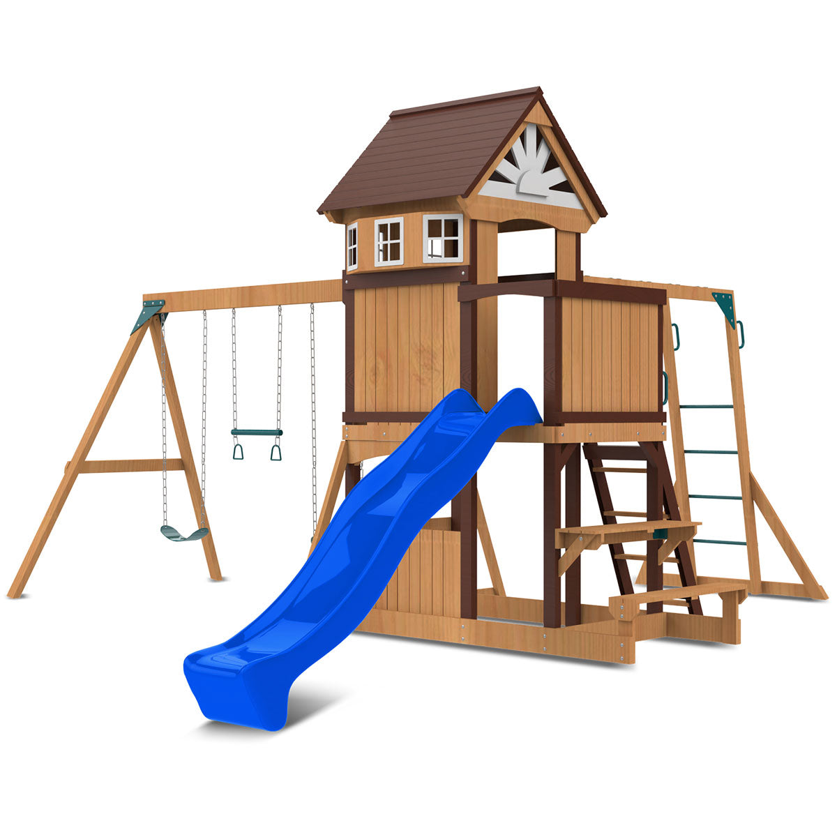 Playhouse with windows and viewing deck on the Meer Brook Play Centre