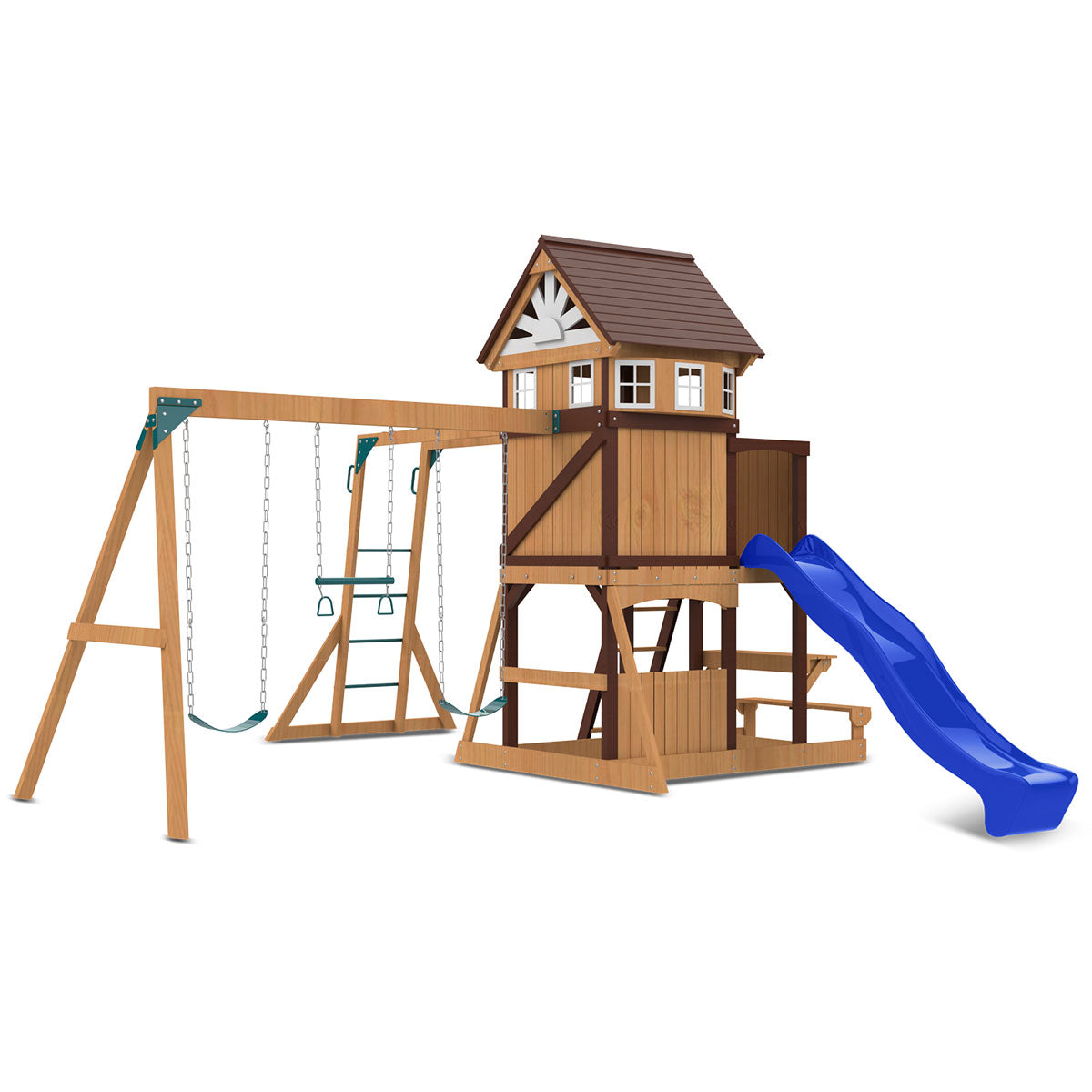 Three-position swing beam with two belt swings and a trapeze on the Meer Brook Play Centre