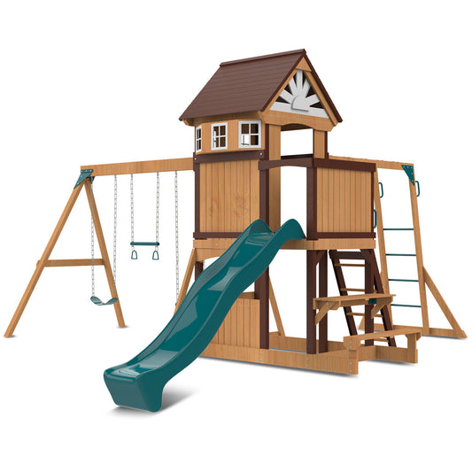 Elevated playhouse with viewing deck on the Meer Brook Play Centre