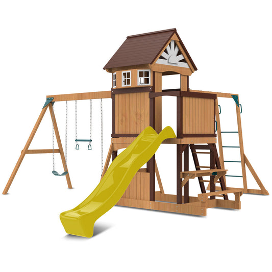 Elevated playhouse with windows and a viewing deck on the Meer Brook Play Centre