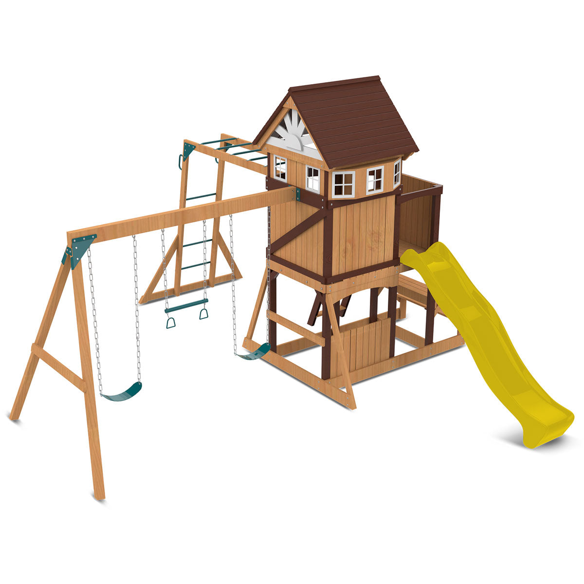 Complete view of the Lifespan Kids Meer Brook Play Centre featuring swings, yellow slide, and monkey bars