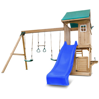 Outdoor play fort with swings and slide - Montrose Play Centre
