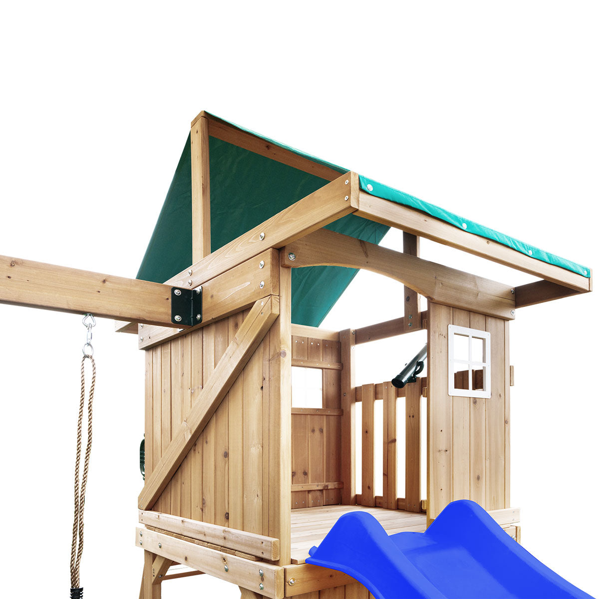 Elevated play fort with telescope and windows for kids
