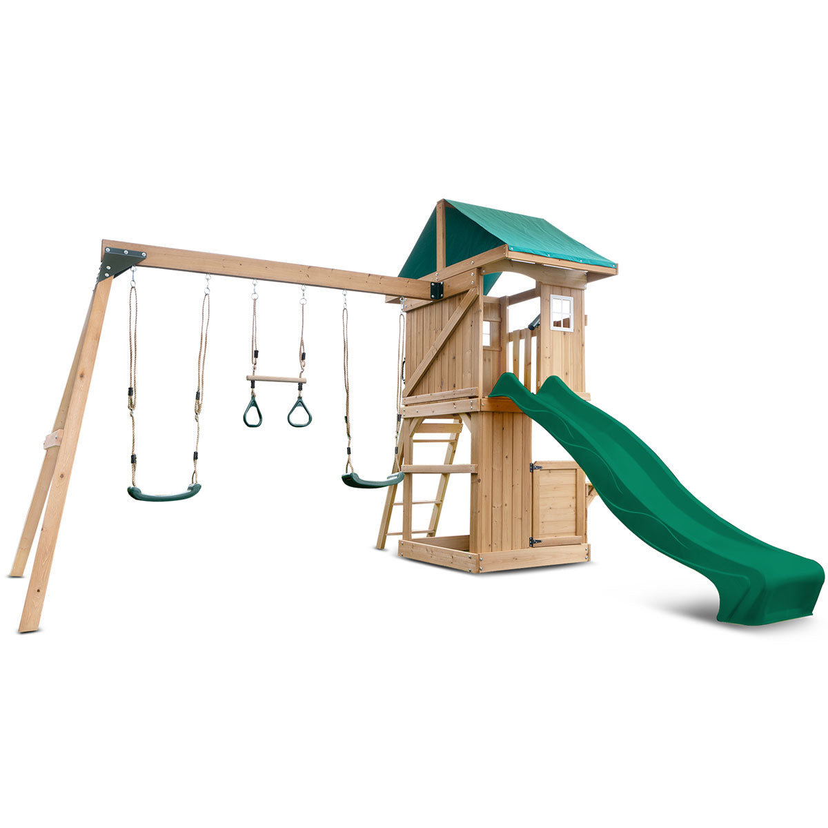 Montrose outdoor play set featuring a tall green slide, promoting active fun and imaginative adventures.