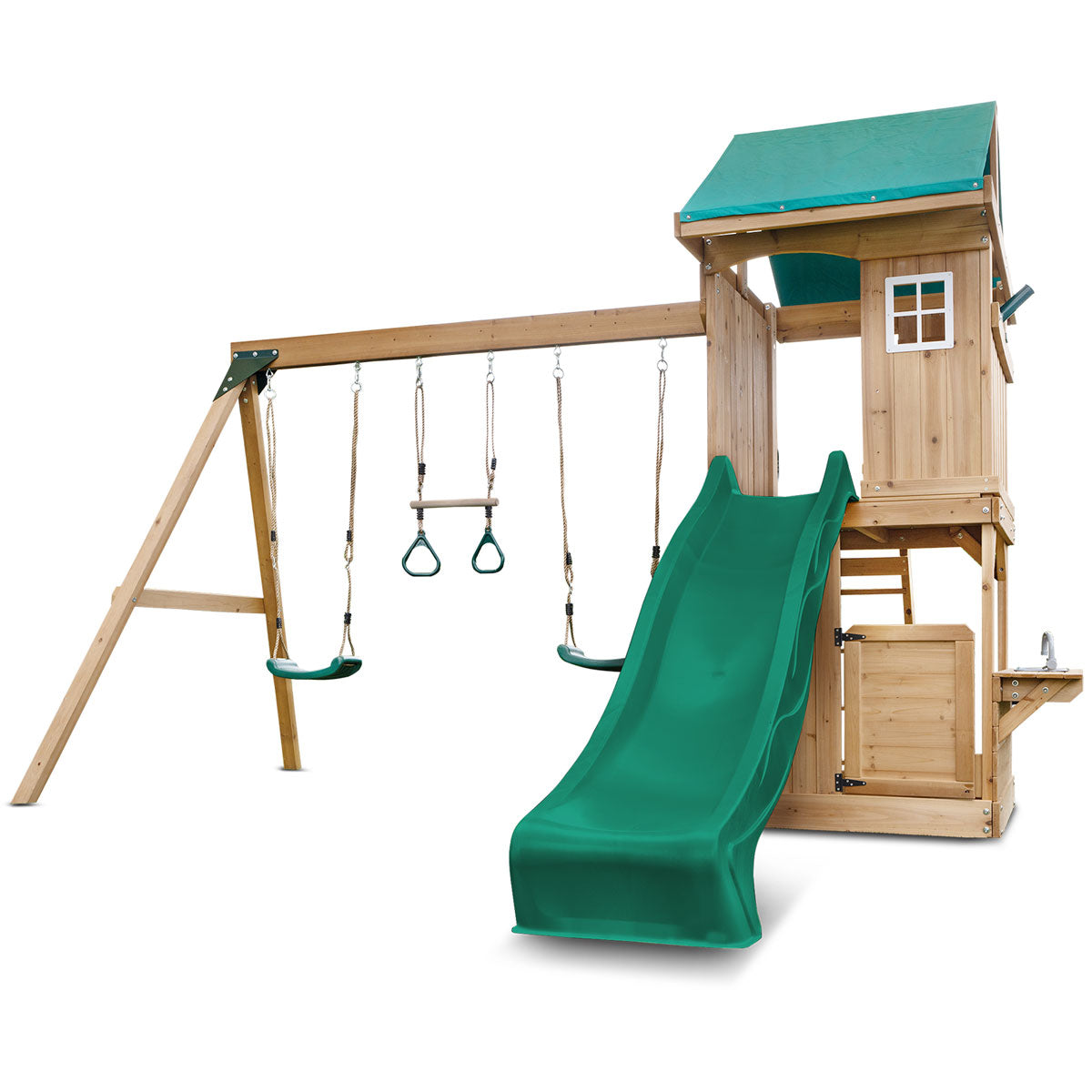 Montrose outdoor play set features a tall green slide and multiple activities for childrens backyard fun and exercise.