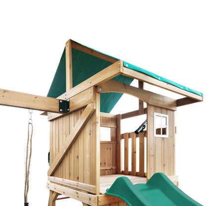 Montrose outdoor play set featuring a tall green slide and multiple activity stations for active childrens entertainment.