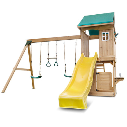 Montrose playground set featuring a tall yellow slide for outdoor fun and active play.