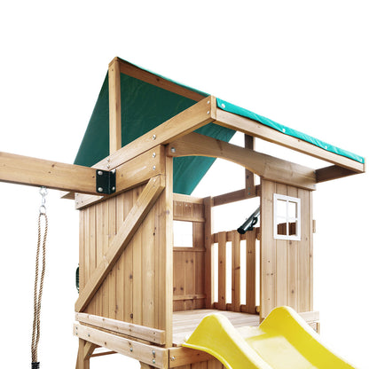 Montrose outdoor playground set featuring a yellow slide for active, imaginative backyard fun and adventure.