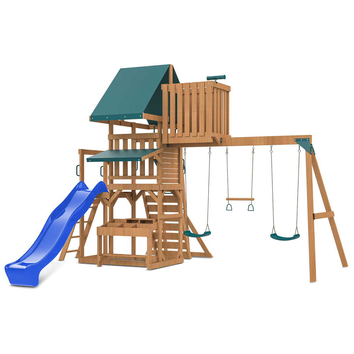 Lifespan Kids playset with swing beam, trapeze, and belt swings.
