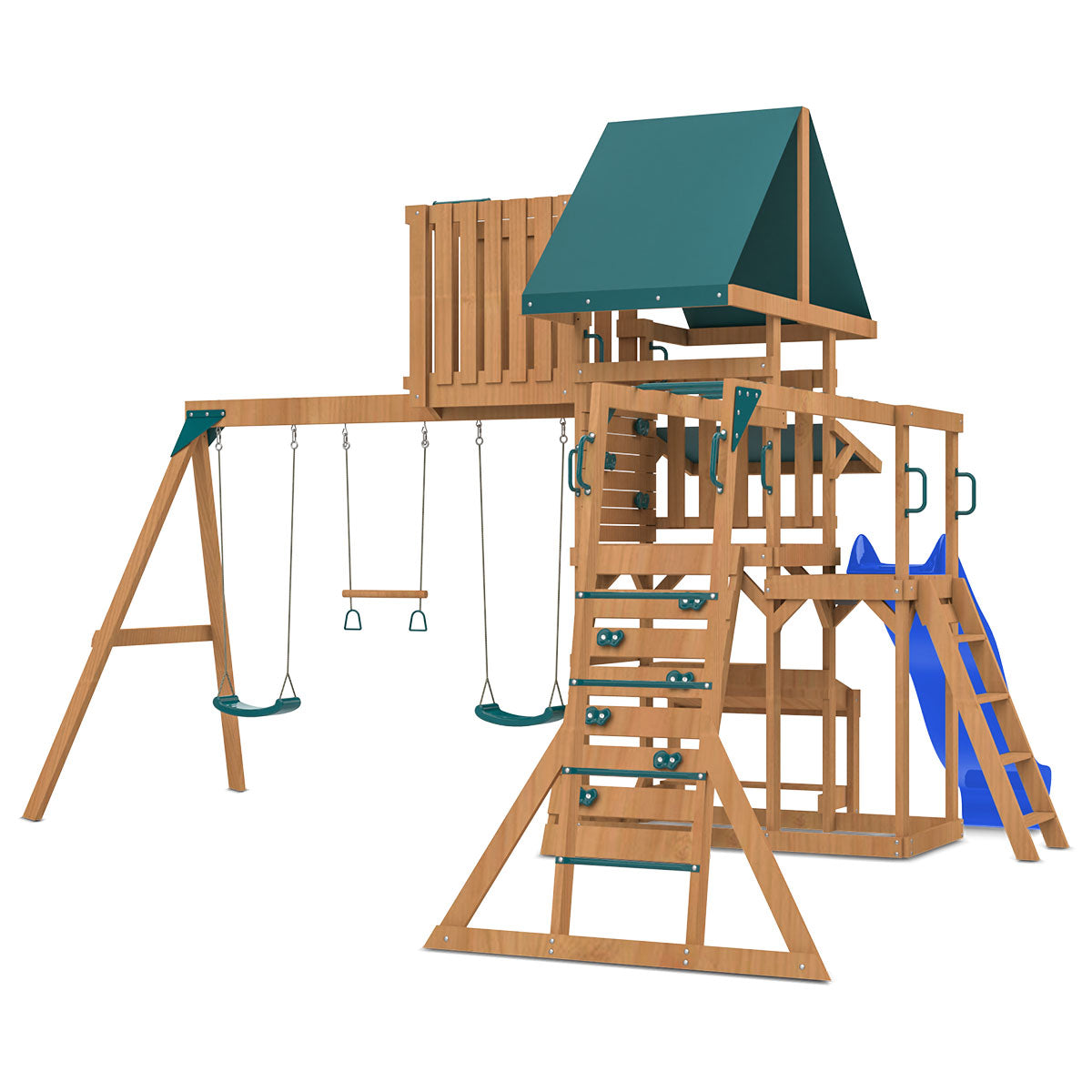 Three-position swing beam with belt swings and trapeze bar on Walton Play Set.
