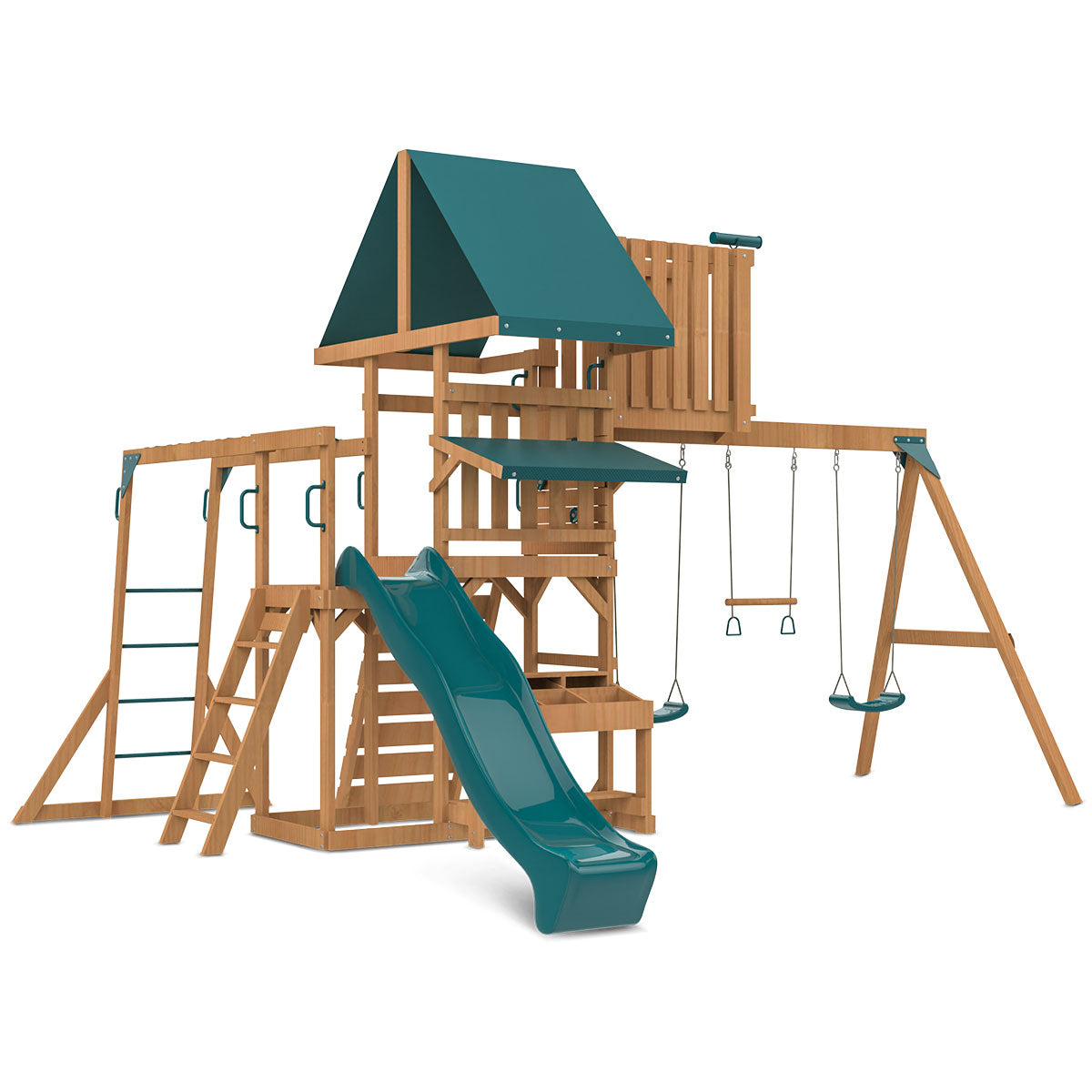 Lifespan Kids Walton Play Centre with Green Slide and Swings in Backyard
