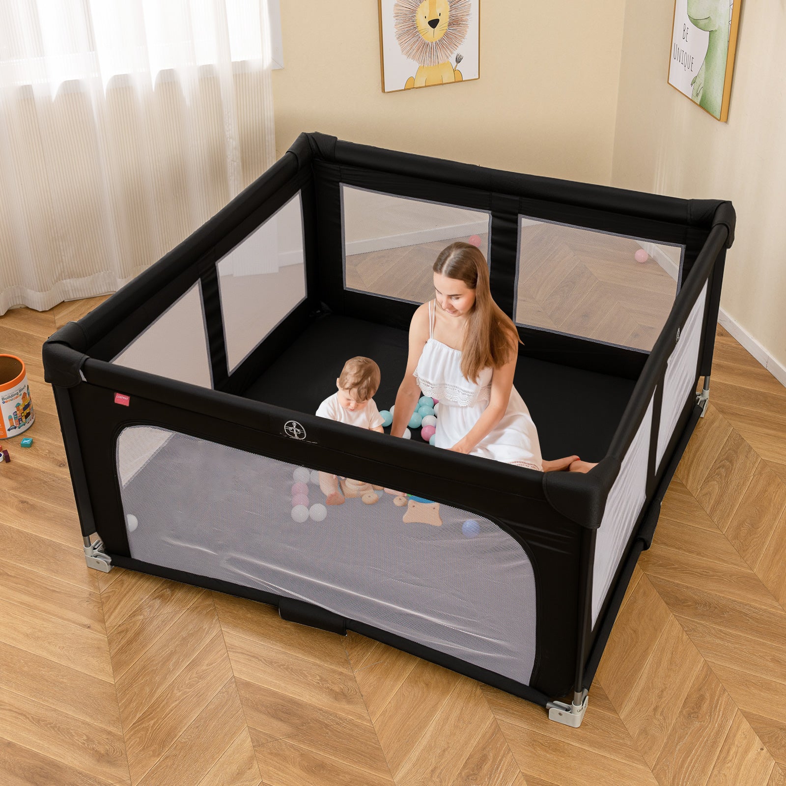 150cm x 150cm Large Baby Playpen with Zipper Gate-Black