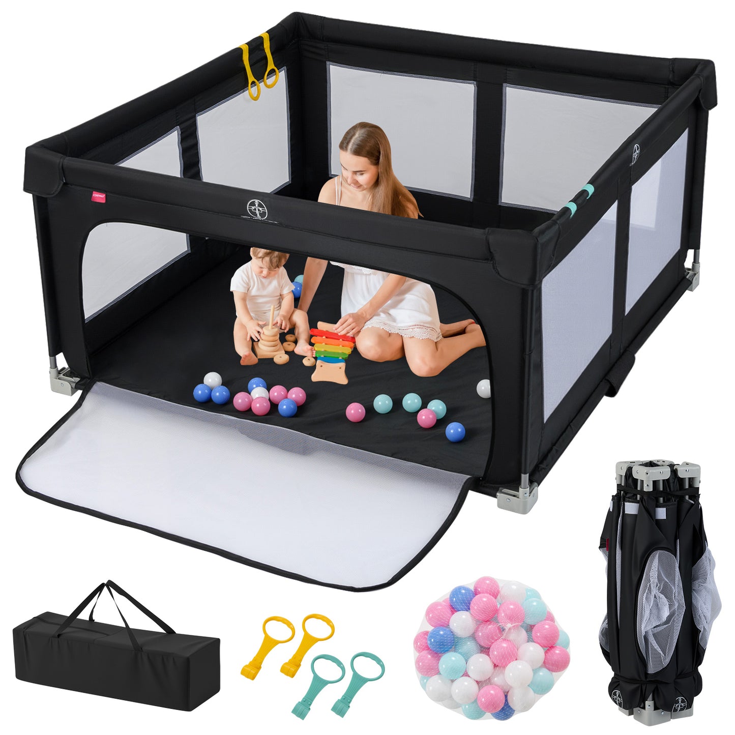 150cm Large Baby Playpen | Zipper Gate & Ocean Balls | Black