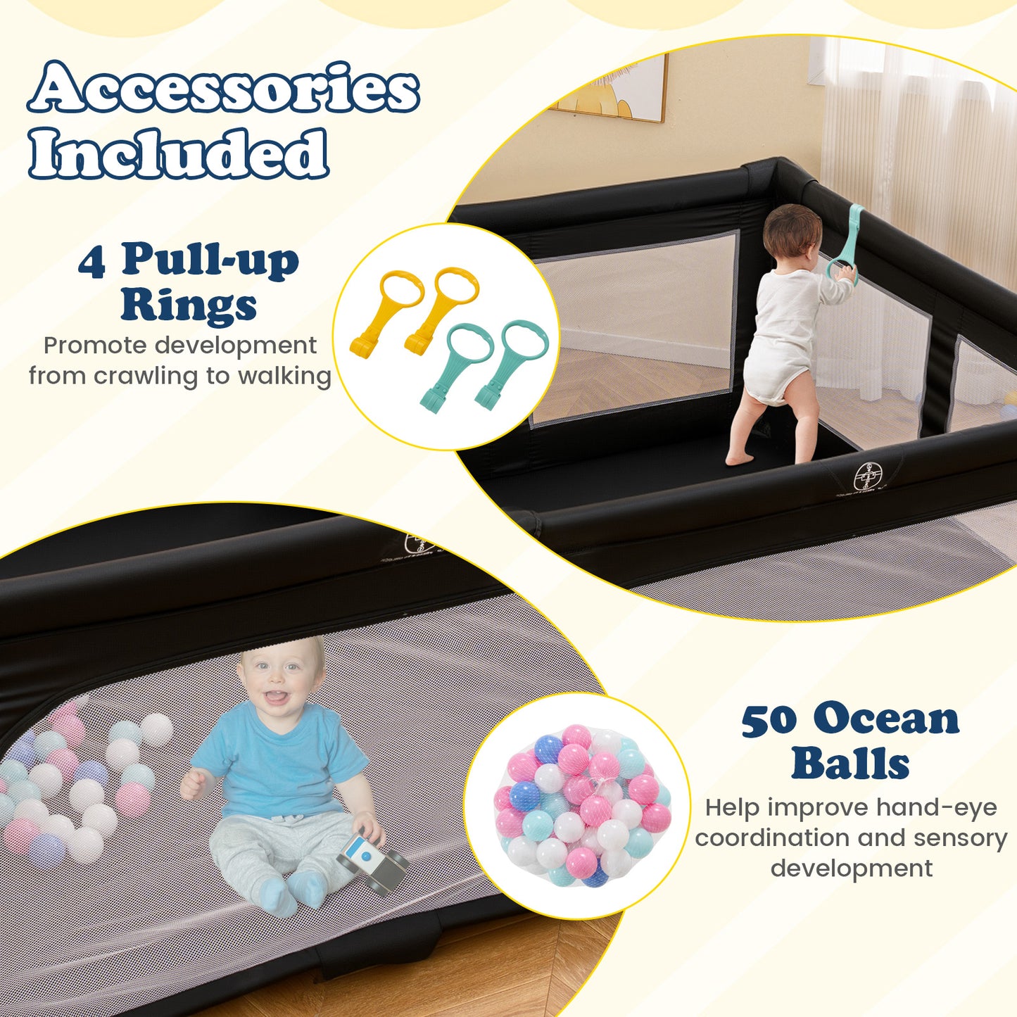 150cm Large Baby Playpen | Zipper Gate & Ocean Balls | Black