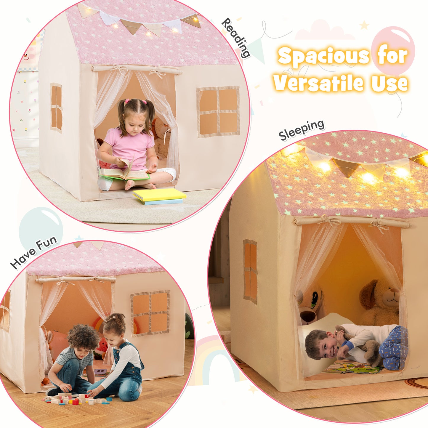 Pink Toddler Playhouse | Glow In Dark Stars & Mesh Windows