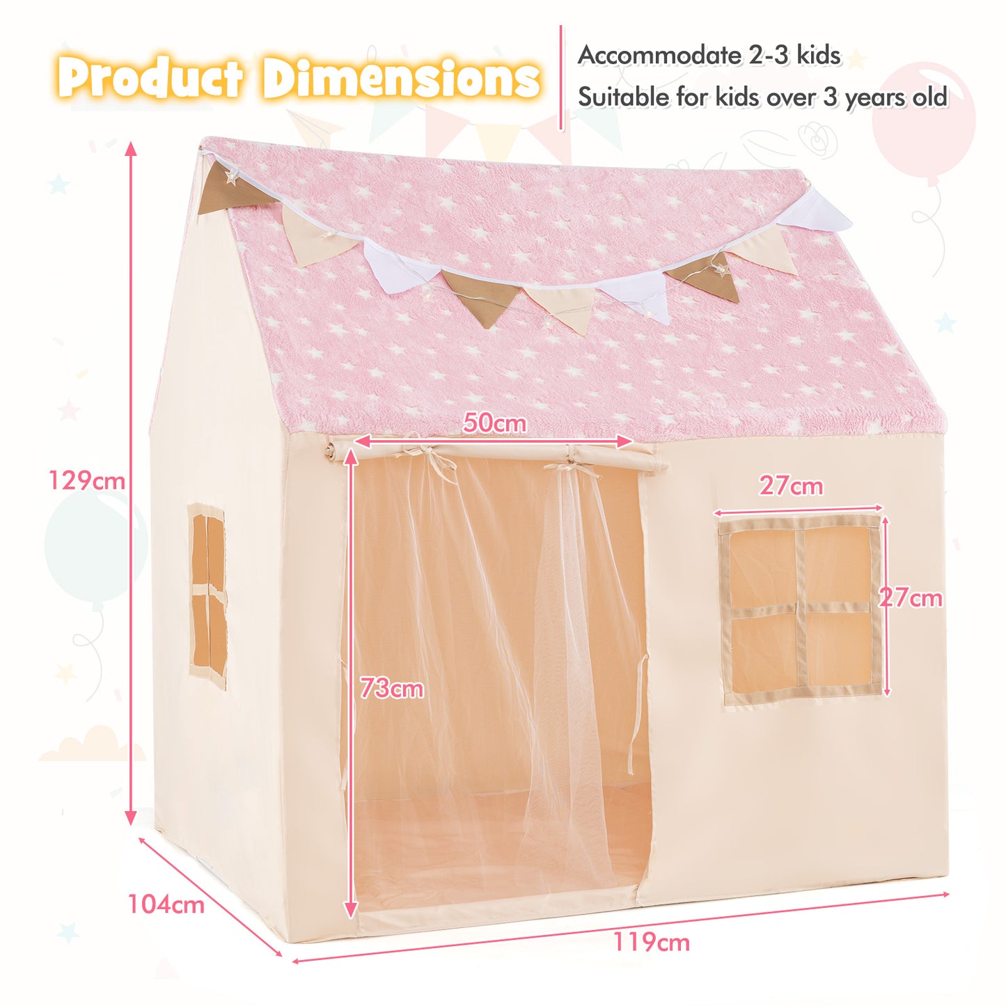 Pink Toddler Playhouse | Glow In Dark Stars & Mesh Windows