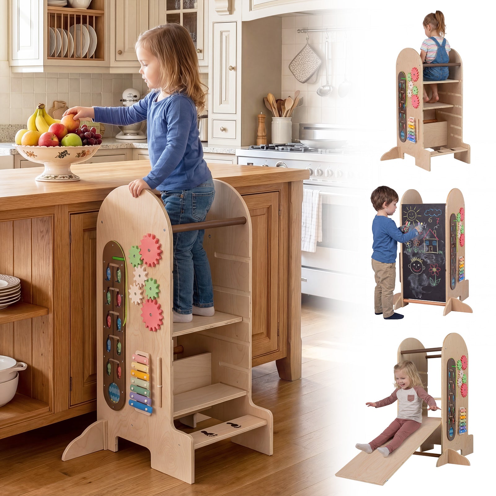 Costway Toddler Learning Tower with Adjustable Height Chalkboard Slide and Safety Rails