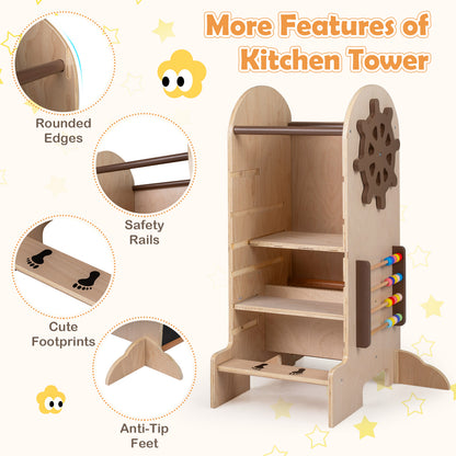 4-in-1 Kids Learning Tower | Chalkboard Slide & Natural Wood