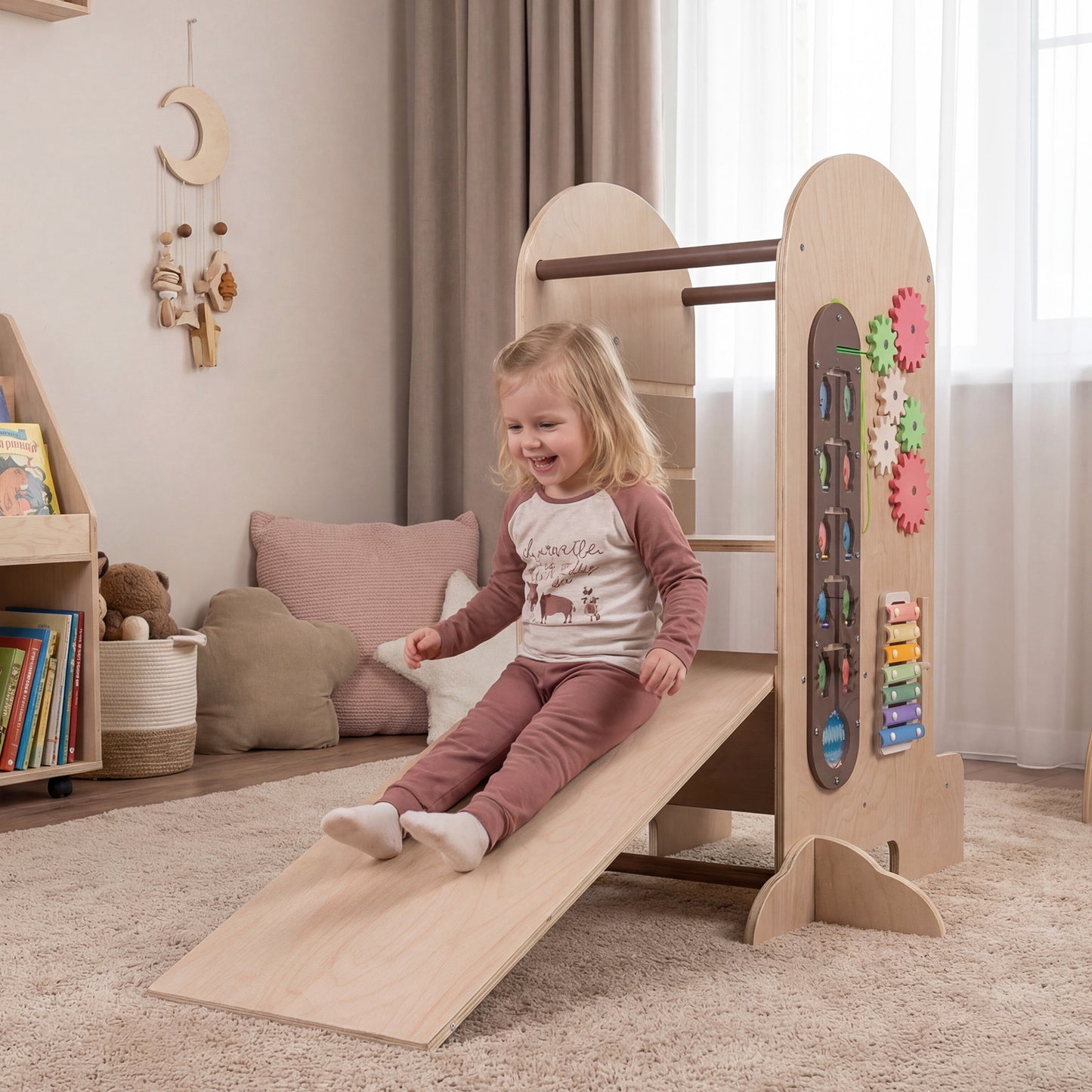4-in-1 Kids Learning Tower | Chalkboard Slide & Natural Wood