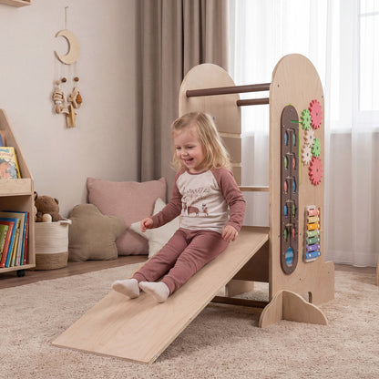 4-in-1 Kids Learning Tower | Chalkboard Slide & Natural Wood