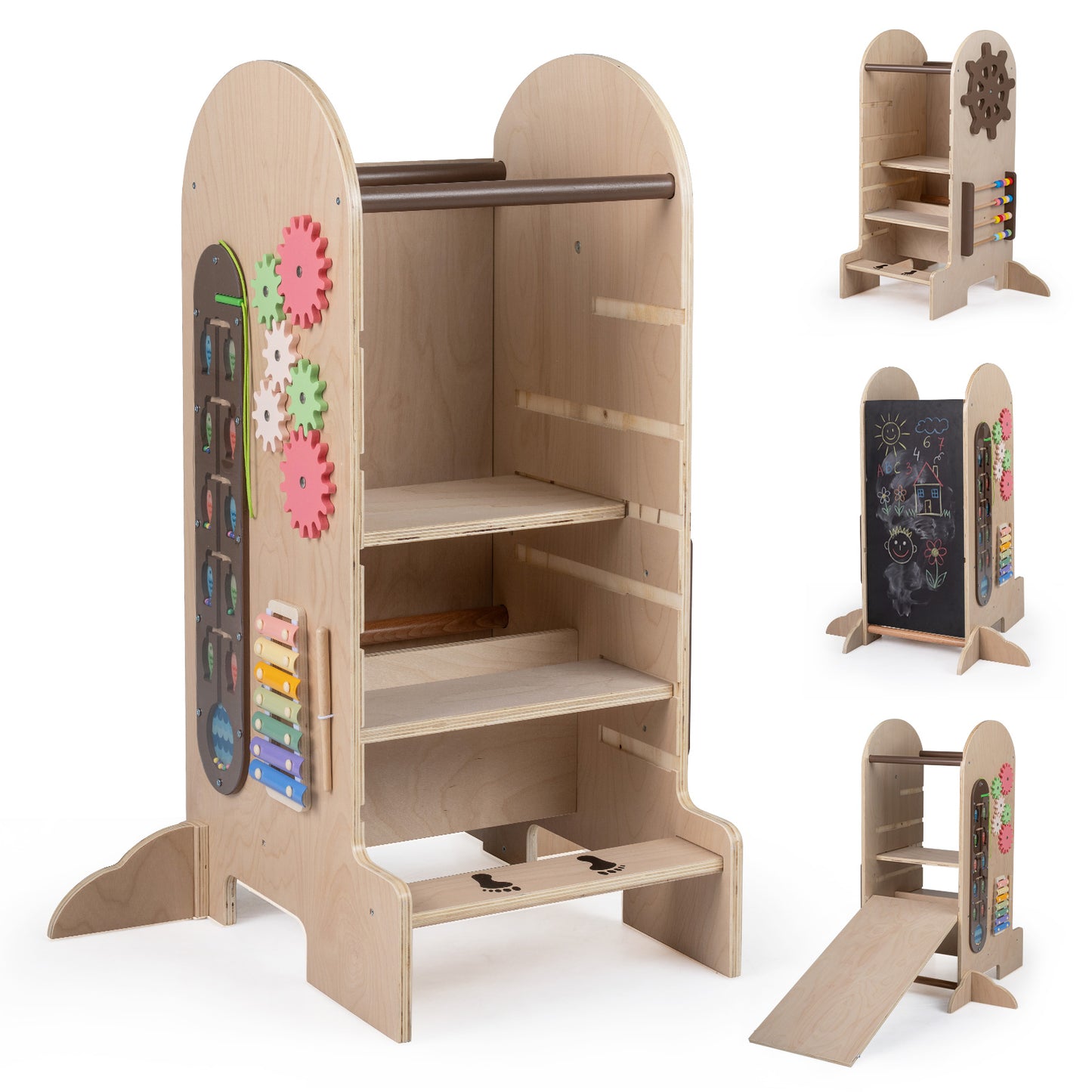 4-in-1 Kids Learning Tower | Chalkboard Slide & Natural Wood