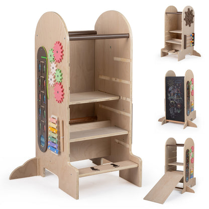 4-in-1 Kids Learning Tower | Chalkboard Slide & Natural Wood